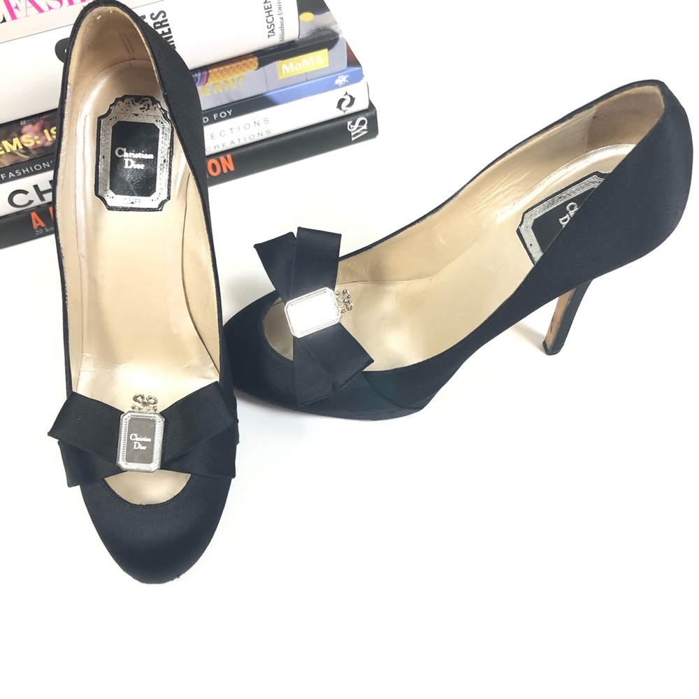 Christian Dior Heels Black Satin Bow Logo Pumps